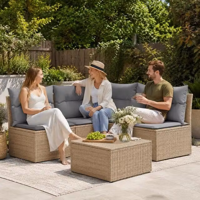 Garden Corner Sofa With Cushions Beige Poly Rattan