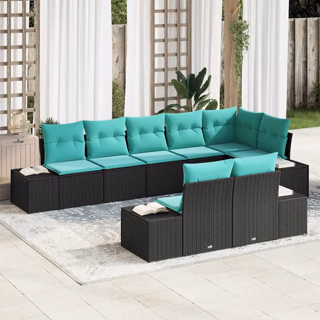 Set Divano da Giardino vidaXL 8 pz a forma di U in Polyrattan con Cuscini Turchesi e Nero