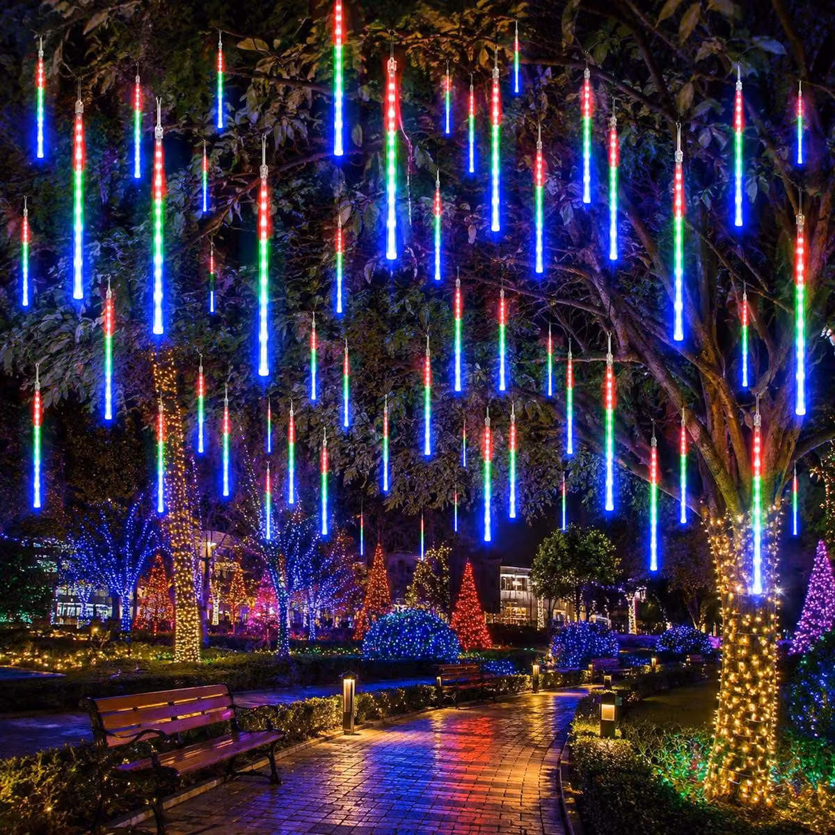 Pioggia di meteoriti, catena luminosa con 8 luci, effetto neve, luci natalizie, decorazioni per Natale, Halloween, matrimonio, multicolore, 30 cm, 192 LED