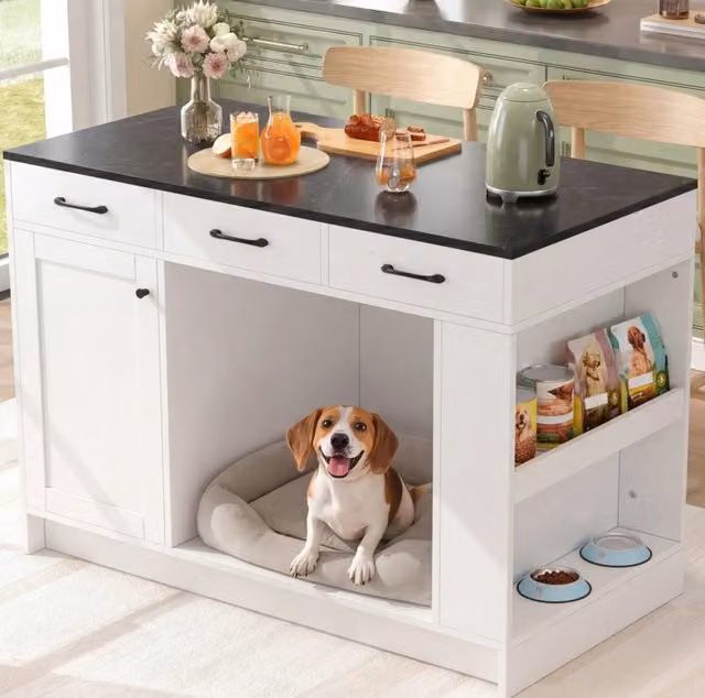 Carrello da cucina bianco con area per animali domestici