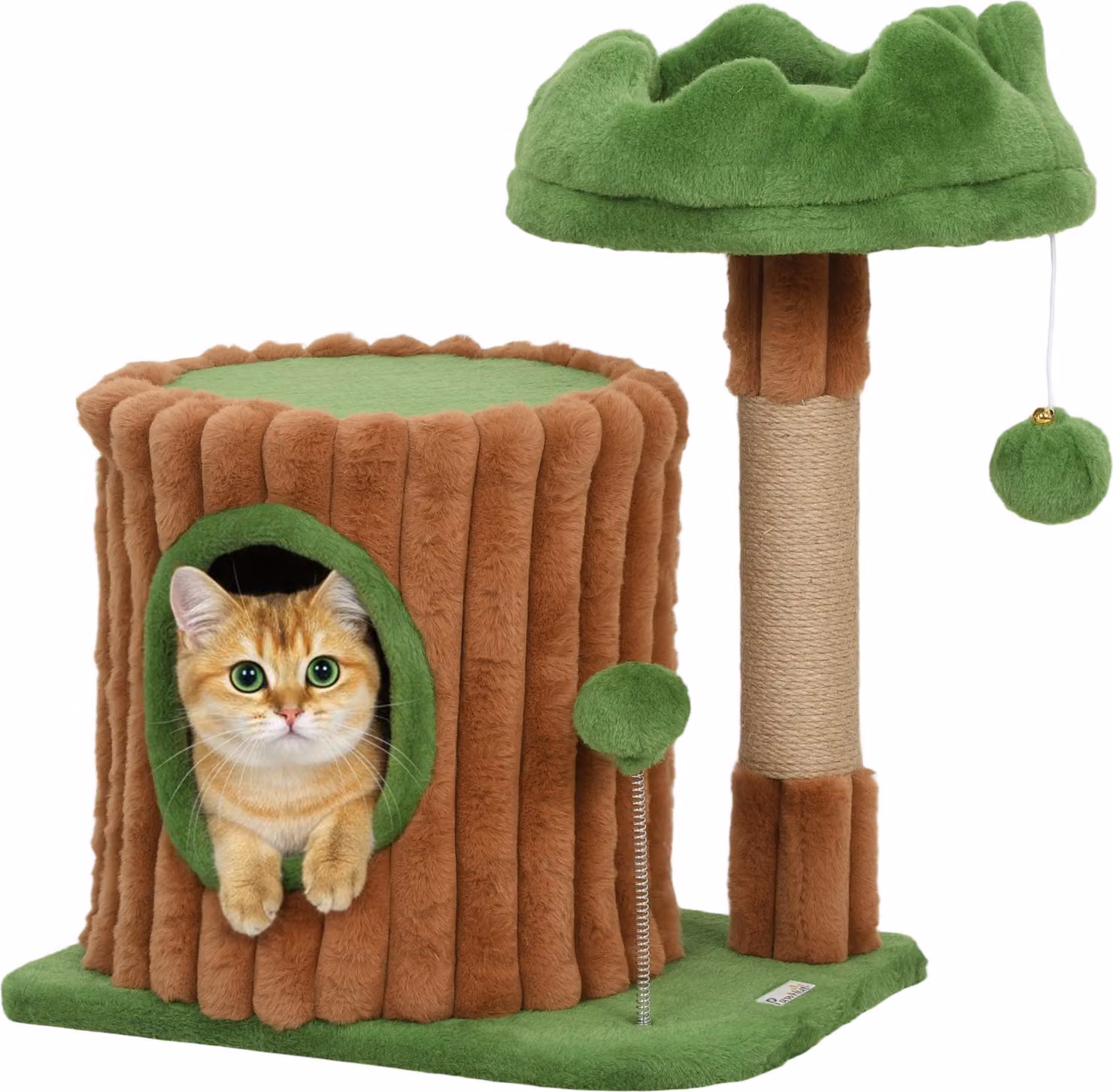 Tiragraffi per gatti - Montante - Design a tronco d'albero - Tana/cuccia - Colonna in juta - Palline sospese - 40×30×53 cm - Marrone/Verde
