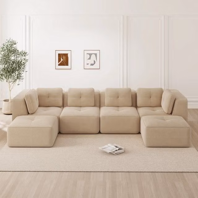 Divano angolare modulare MIVRAY in velluto a coste beige con funzione letto per il tuo soggiorno