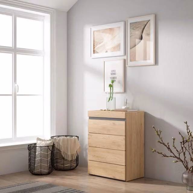 Cassettiera moderna SKRAUT HOME per camera da letto in legno colore rovere e nero L/P/H: 57 x 35 x 75 cm