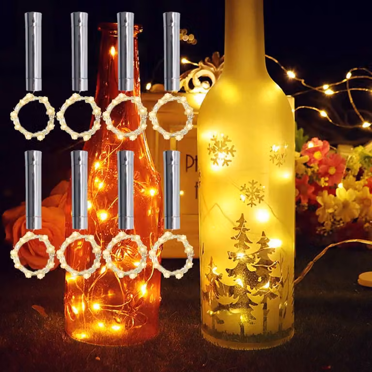 20 luci a LED per bottiglie, lunghezza 2 metri, luce bianco caldo, alimentate a batteria, confezione da 8 pezzi