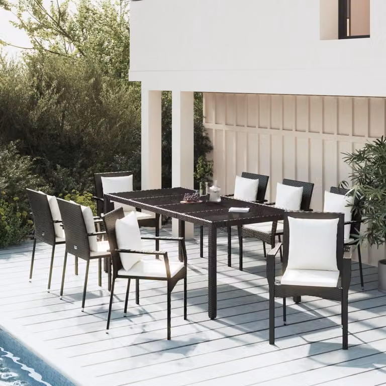 Set da Pranzo da Giardino vidaXL in Polyrattan Nero con 9 Pezzi e Cuscini
