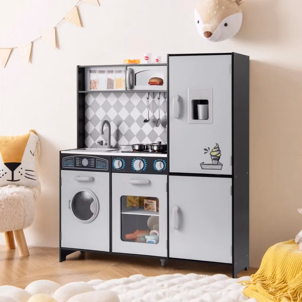 Cucina giocattolo in legno con macchina del ghiaccio, piano cottura, forno e microonde, Grigio – 2