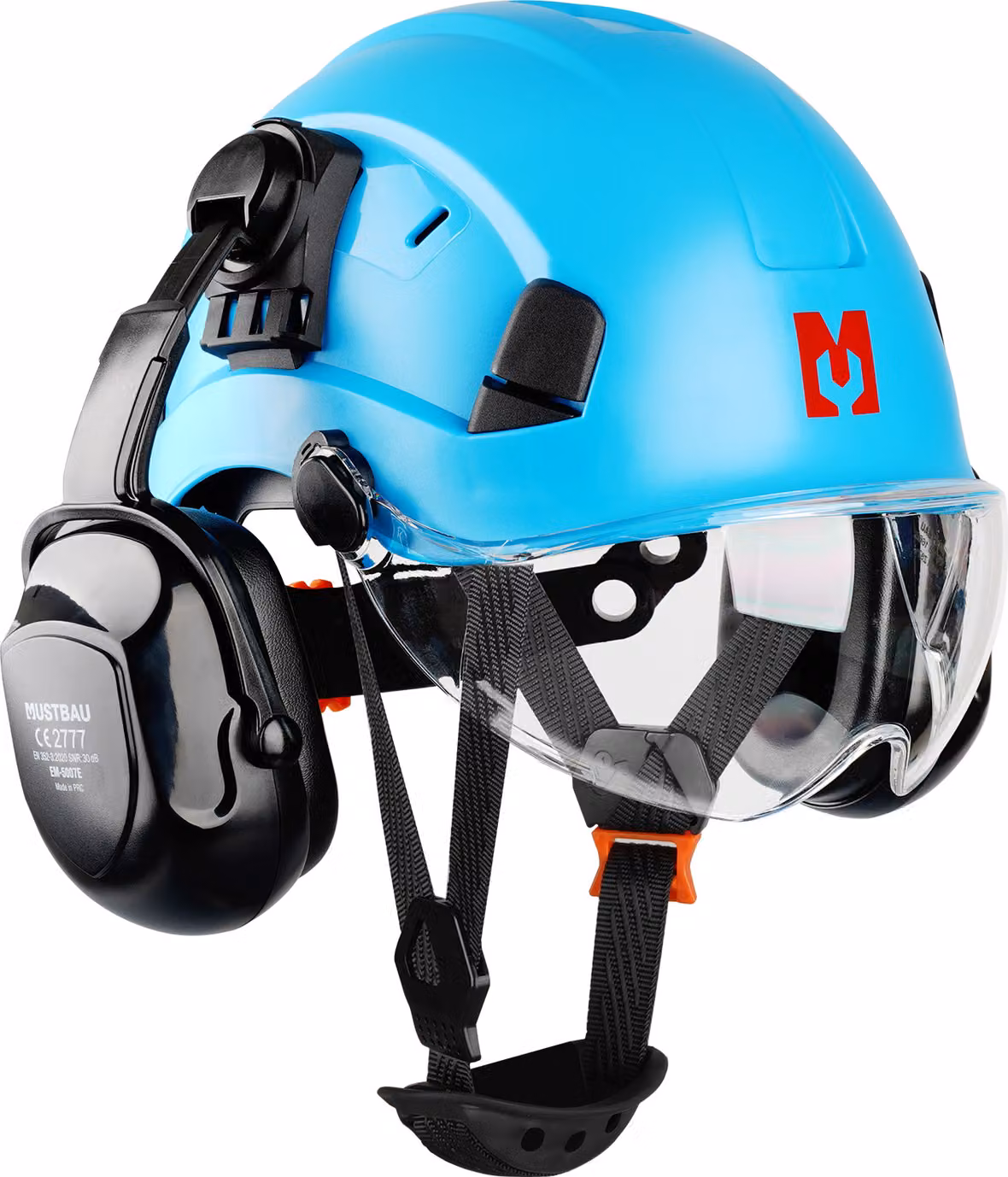 Set di elmetti di sicurezza Mustbau, elmetto di sicurezza EN397 con protezione per le orecchie e il viso, fascia regolabile da 53 a 63 cm, materiale ABS resistente