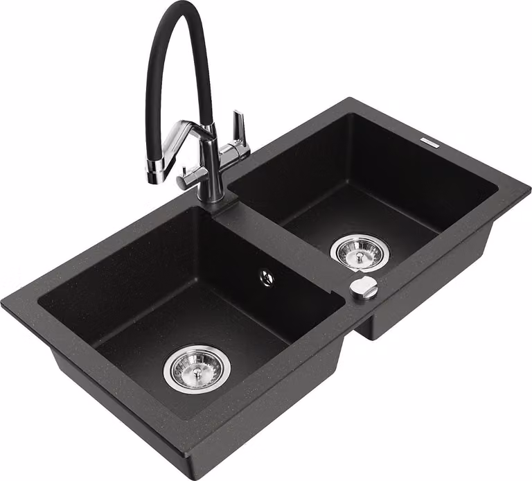 Mexen Mario lavello in granito a 2 vasche con miscelatore da cucina Duo, nero/oro metallizzato - 6504-75-671701-07