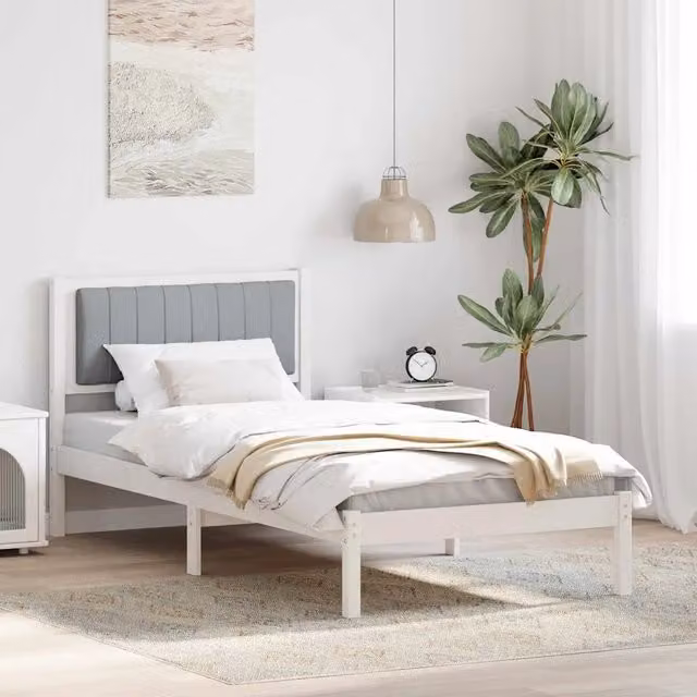 Letto con Testiera Rivestita vidaXL in Legno di Pino e Tessuto Grigio, L/P/H: 90 x 190 x 95,5 cm – 1