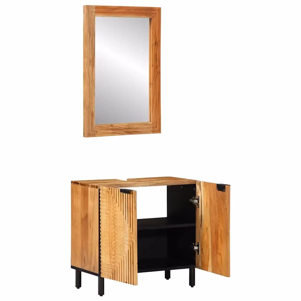 Set di mobili da bagno vidaXL in legno di acacia naturale composto da mobile lavabo e armadietto con specchio, L/P/H: 62 x 33 x 58 cm – 2