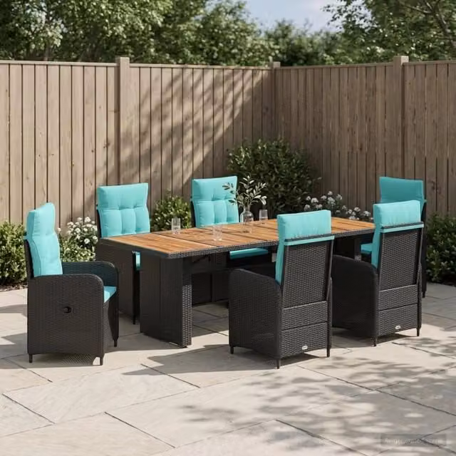 Set da pranzo per esterni vidaXL in polyrattan e legno di acacia, 7 pezzi, Nero e Turchese, L: 240 cm, P: 90 cm, H: 75 cm – 1