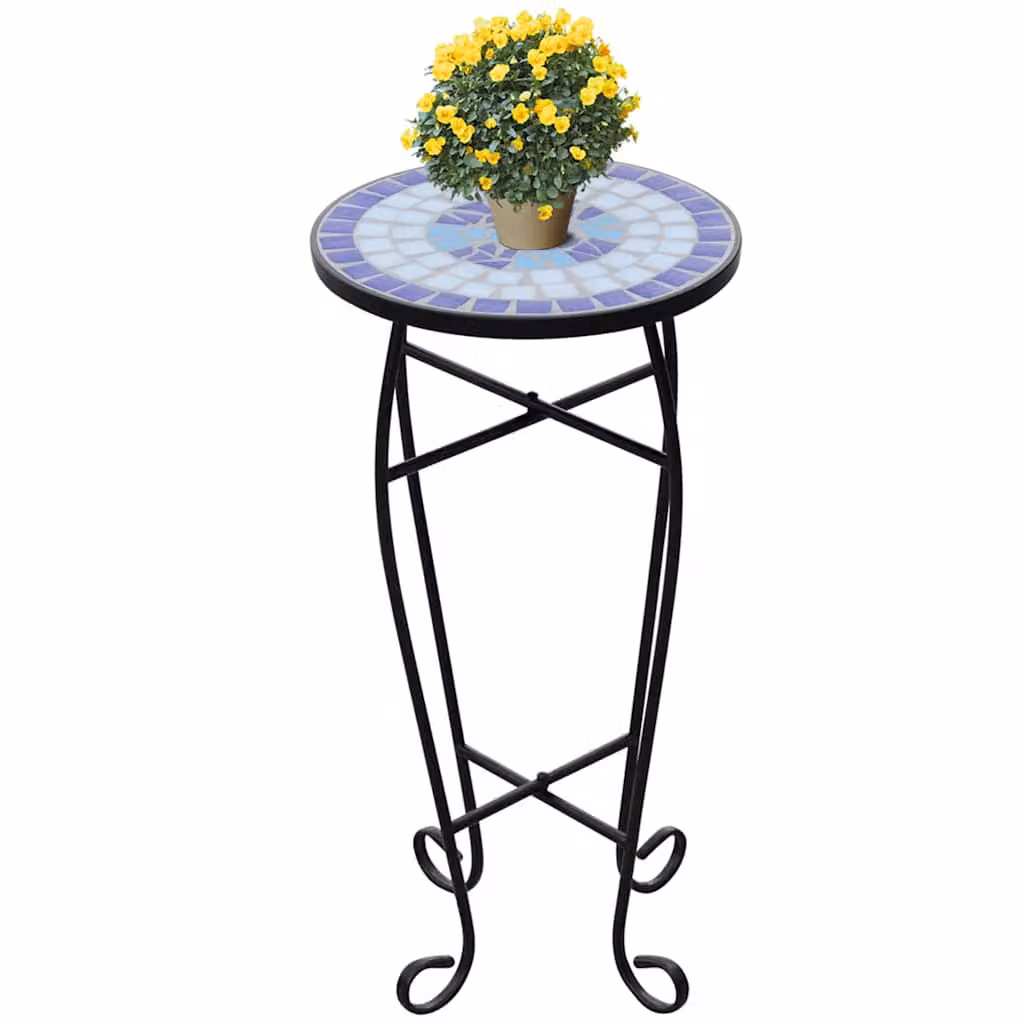 Tavolino per piante vidaXL in metallo e ceramica con motivo mosaico geometrico blu e bianco, ideale per giardino, balcone o terrazzo, L: 60,0 cm, P: 30,0 cm, H: 30,0 cm