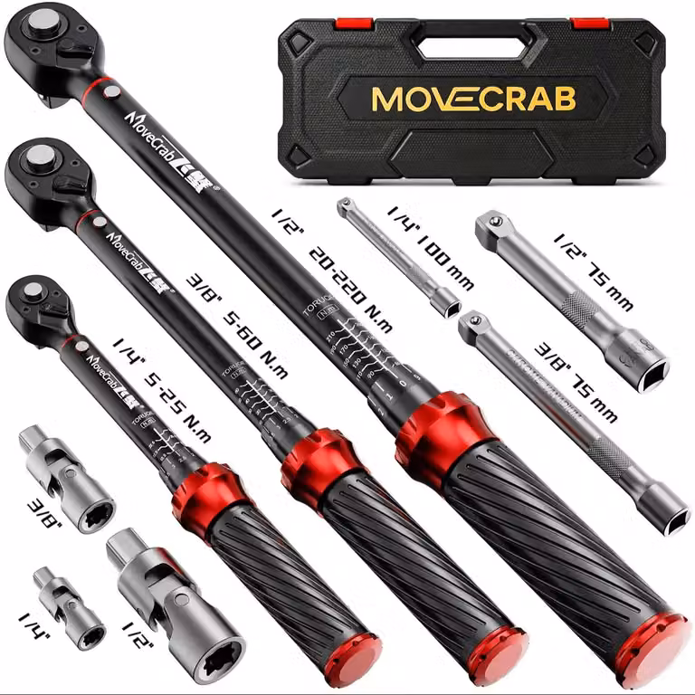 Set di chiavi dinamometriche - MC9PCS - 9 pezzi - 0,64/0,95/1,27 cm - 5–25/5–60/20–220 Nm - Regolabile, bilaterale - Scala doppia, precisione ±3% - Manico realizzato con tecnologia CNC