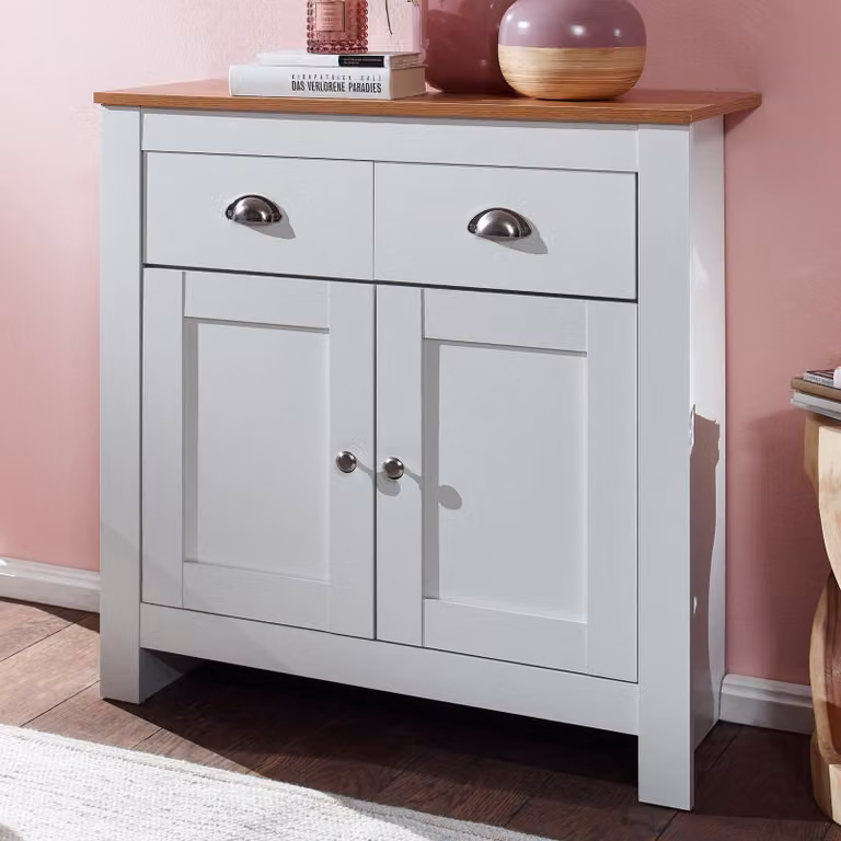 Credenza FineBuy con 2 cassetti 79x81x34,5 cm, bianco/rovere, design moderno, credenza alta con ante e cassetti, per soggiorno