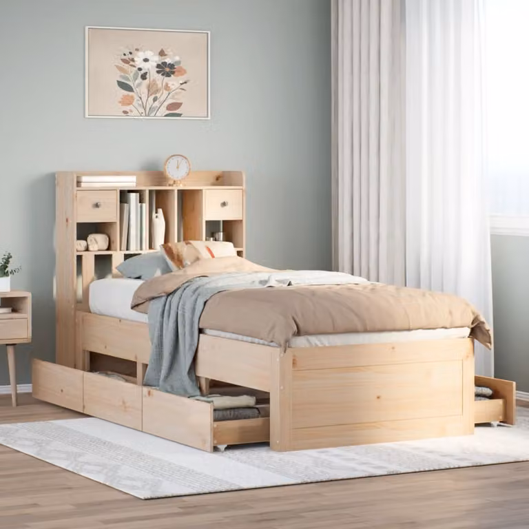 vidaXL Giroletto con Libreria in Legno di Pino Grezzo per Adulti L: 190 cm, P: 75 cm, H: 216,5 cm