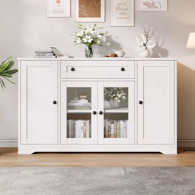 Credenza a quattro ante, mobile da ingresso, 2 ante in vetro, con cassetti, 138 x 40 x 83 cm, bianca