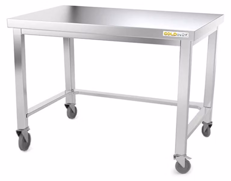 Tavolo da lavoro in acciaio inox, base da 1000 x 600 mm, con rinforzi e montato su ruote, linea PREMIUM - GOLDINOX