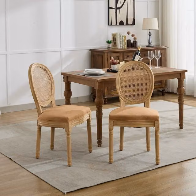 Set di 2 sedie da pranzo stile Minimal in rattan e legno massello con rivestimento in lino, colore beige