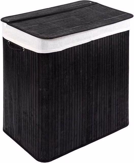 Wastino ecologo in bambù con coperchio (72 L) • Box per il bucato con sacchetto lavabile • Raccoglitore di bucato pieghevole • Cassetto per il bucato per la stanza da bagno • 100% bambù • Colore: nero (40x30x60 cm)
