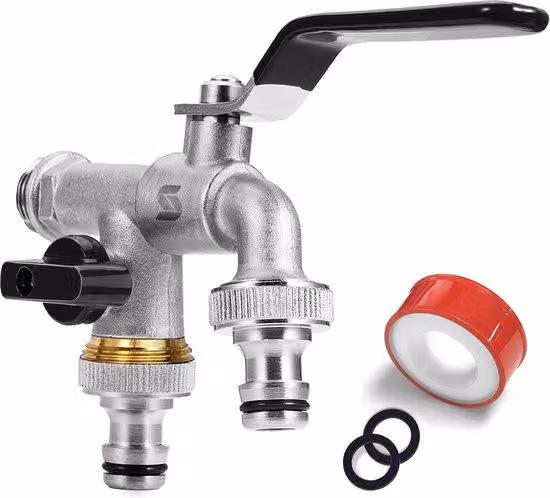 Unyqoos® Rubinetto esterno doppio da 3/4 di pollice in ottone – resistente al gelo e alla corrosione, 2 uscite da 3/4 di pollice, con raccordo per tubo e guarnizione, colore nero