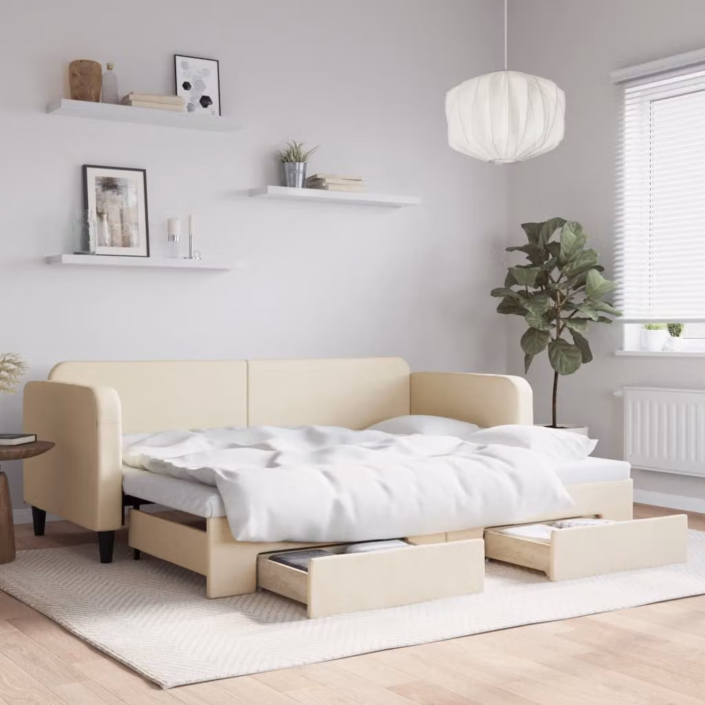 vidaXL Divano Letto Estraibile con Cassetti in Tessuto Beige L: 200 cm, P: 80 cm
