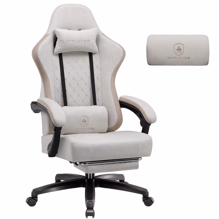 Sedia da gaming GTPLAYER, rivestita in tessuto, con imbottitura a molle indipendenti, sedia girevole ergonomica, sedia da gaming con poggiapiedi, capacità di carico fino a 150 kg, colore beige