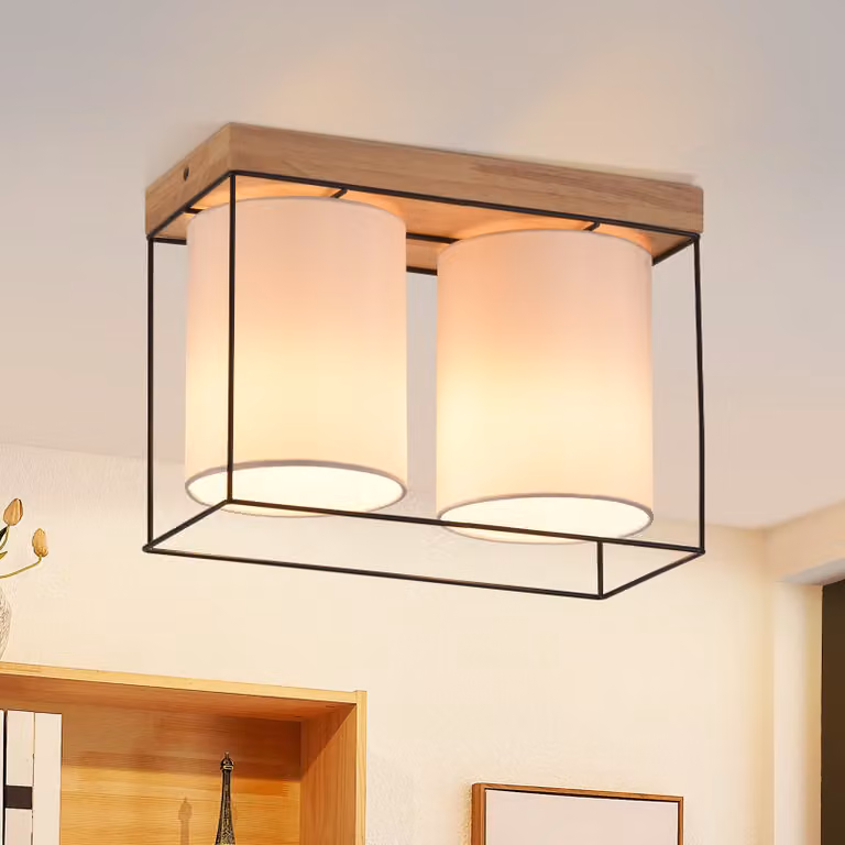 ZMH lampada da soffitto camera da letto plafoniera vintage 2 fiamme E14 legno cucina con paralume in tessuto industriale sala da pranzo retrò senza lampadina