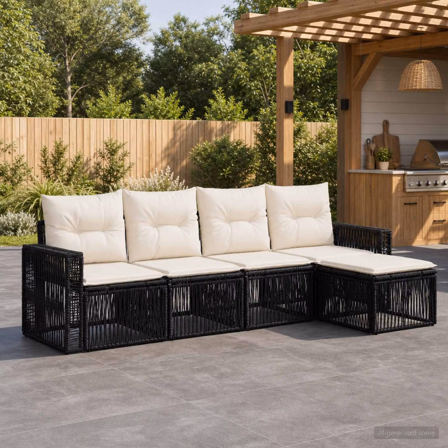Set Divano da Giardino vidaXL 5 pz a Forma a L con Poltrona e Ottoman, Colore Nero e Bianco Crema, Struttura in Metallo e Polyrattan con Cuscini Imbottiti e Rivestimenti Rimovibili