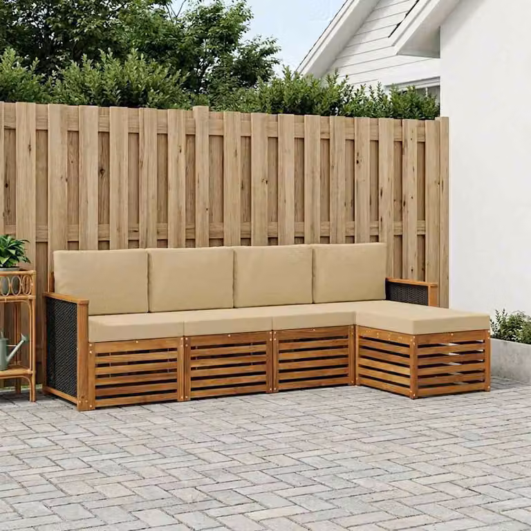 Set di divani da esterno vidaXL a forma di L in legno di acacia con pouf e cuscini, colore beige e marrone
