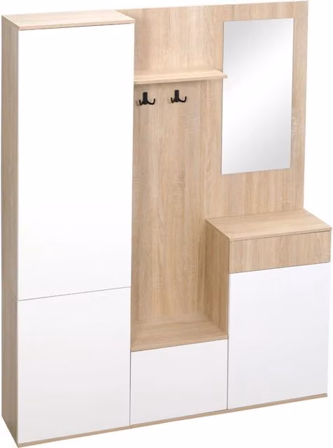 Mobile da Ingresso 4 in 1 con Specchio 145x29x184 cm in Truciolato Bianco e Legno Naturale