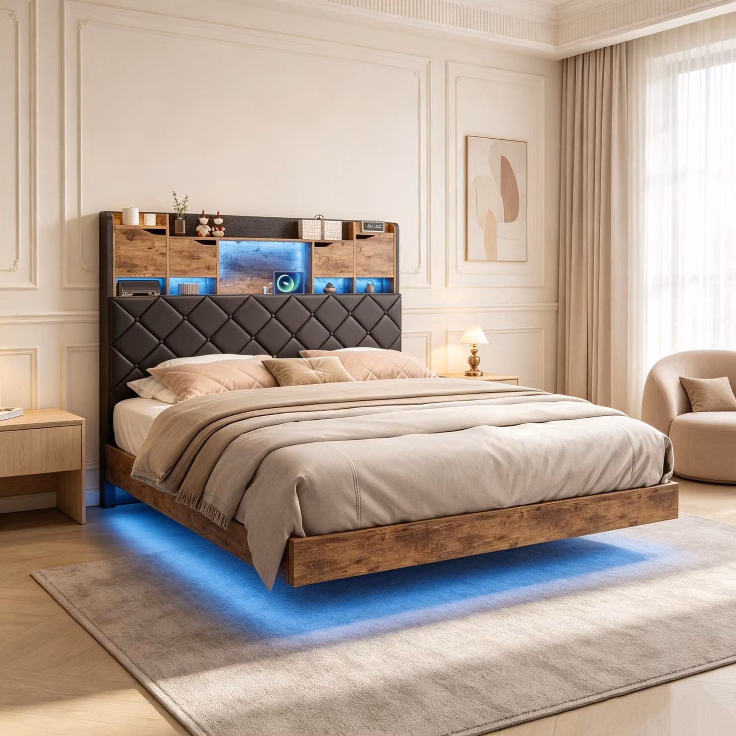 Letto imbottito INONEFT 140x200 con illuminazione LED e stazione di ricarica, letto sospeso con struttura in metallo e spazio contenitivo nella testiera, struttura del letto con rete a listelli nera