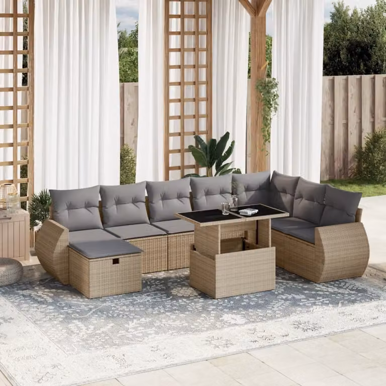 vidaXL Set Divano da Giardino a L 9 pz in Polyrattan Beige con Cuscini e Tavolino