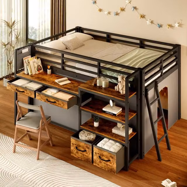 Letto a soppalco 140x200 con scrivania; scaffali; cassetti in tessuto e LED; struttura in metallo nero per cameretta