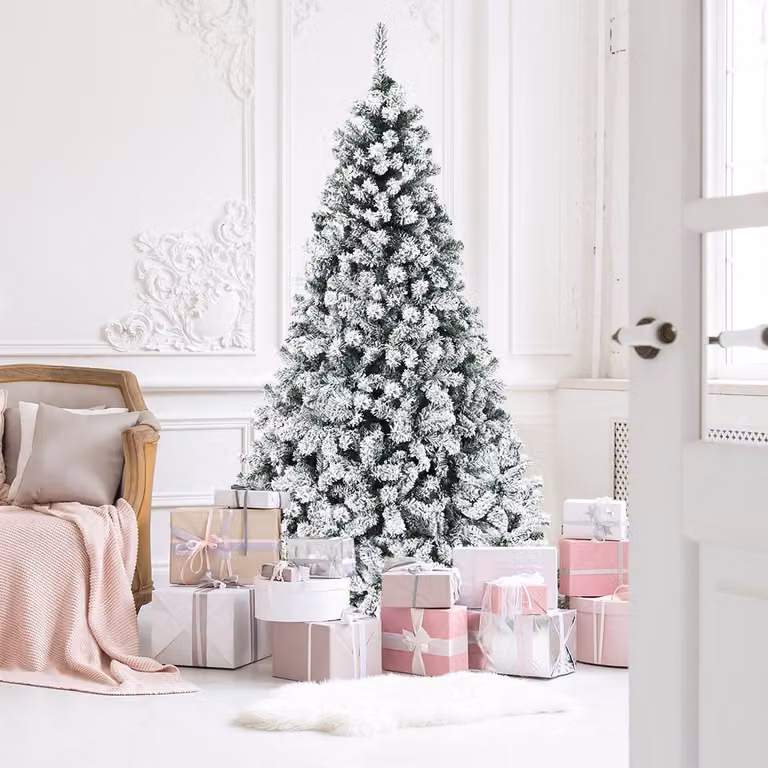 Set di 2 Alberi di Natale Costway in PVC Innevato, Abete Artificiale Verde e Bianco con Base in Metallo, Altezza: 225 cm