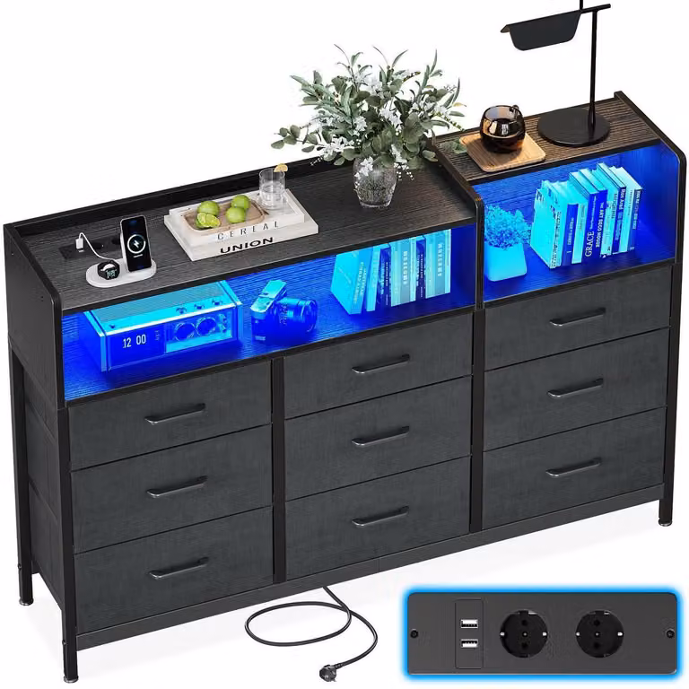 Comodino con 9 cassetti rivestiti in tessuto, 2 prese di corrente, 2 porte USB, striscia LED a 10 colori, dimensioni 130x30x97 cm, colore nero