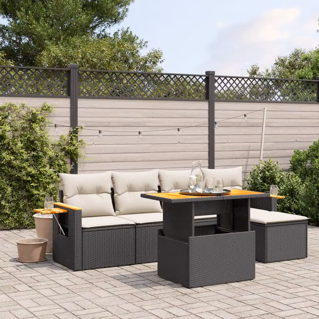 vidaXL Set Divano da Giardino a L in Polyrattan Nero con Cuscini e Tavolino da Esterno – 1