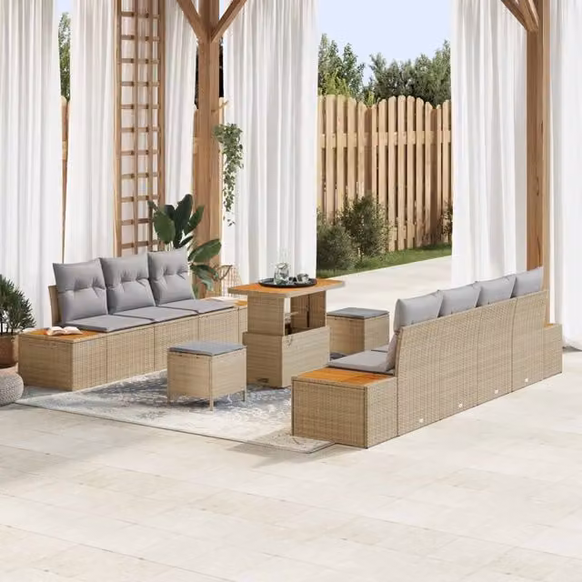 Set Divano da Giardino a Forma a U vidaXL in Acciaio e Legno di Acacia con Cuscini Beige e Grigio – 1