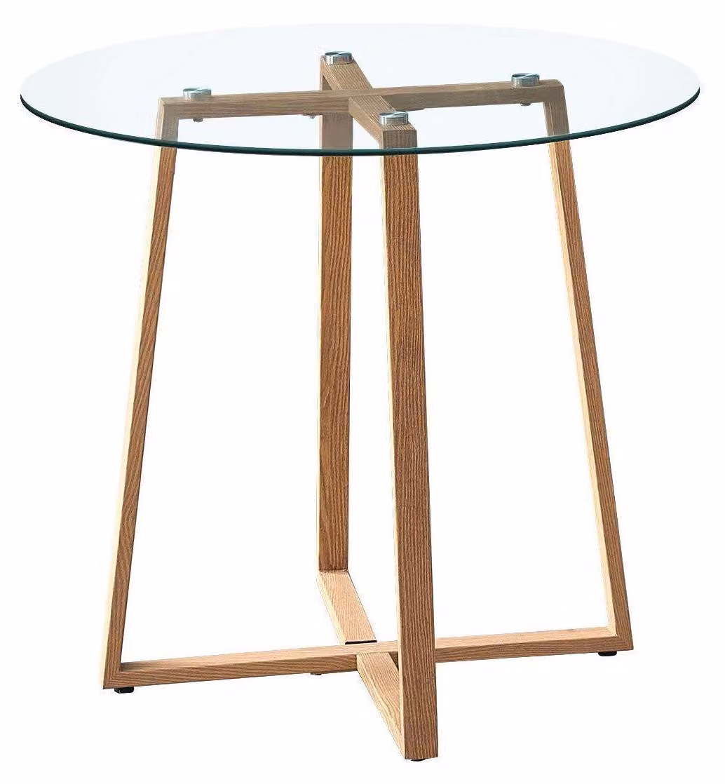 Tavolo rotondo da pranzo in vetro, 75x80 cm, gambe in metallo con finitura effetto legno di quercia, piano trasparente
