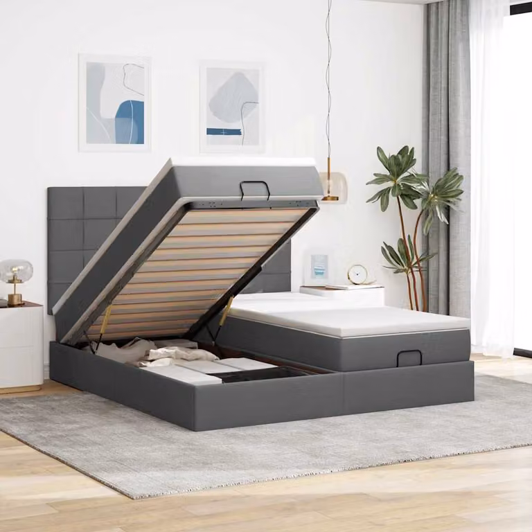 Letto con contenitore a sollevamento vidaXL in tessuto grigio e bianco con illuminazione sottostante e porta USB, L: 180 cm, P: 200 cm, H: 203 cm