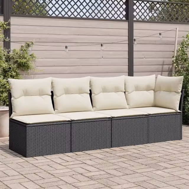 Divano da Giardino con Cuscini a 4 Posti-Sofa da Giardino-Divano da esterno Nero in Polyrattan 410883
