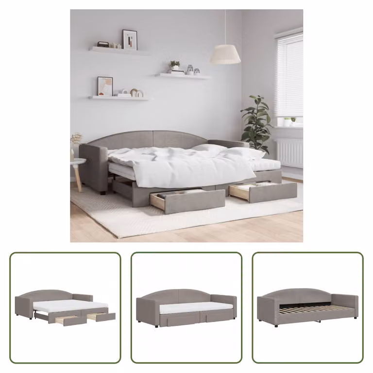 The Living Store Letto allungabile con cassetti Taupe 90x200 cm tessuto