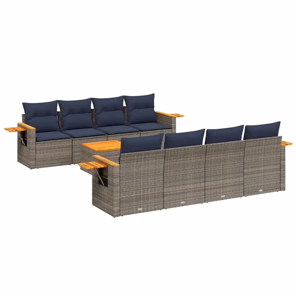 Set di Divani da Giardino vidaXL 9 pz a Forma a U in Polyrattan con Cuscini Blu e Grigio – 2