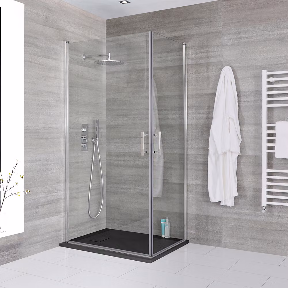 Box Doccia Angolare con Doppia Porta e Piatto Doccia Ardesia - 800mm x 800mm - Piatto Doccia Bianco