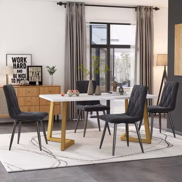 Set da pranzo moderno con tavolo rettangolare 117×68 cm e 4 sedie in velluto grigio scuro con gambe dorate