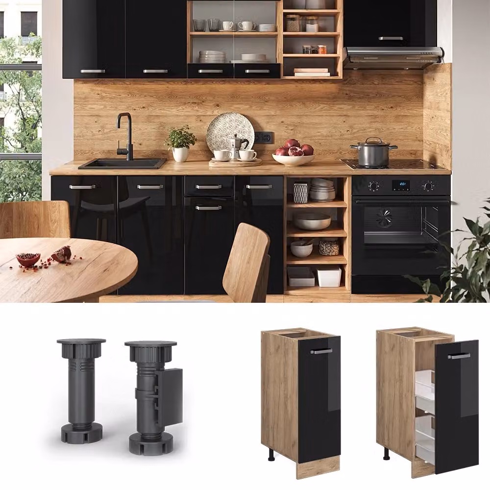 Armadio dispensa da cucina Vicco R-Line moderno in nero lucido e rovere con ante a battente e cassetti interni L/P/H: 30 x 46 x 81,6 cm – 2