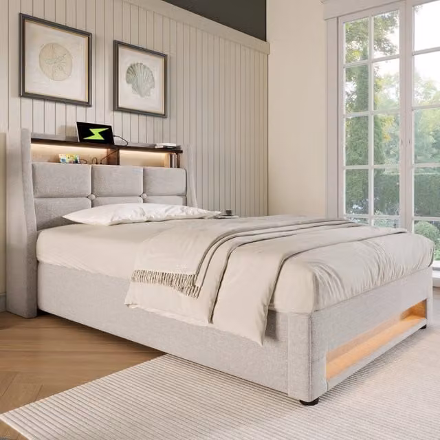 Letto singolo imbottito 90x200 cm con LED; USB; rete a doghe su telaio in metallo; rivestimento in lino