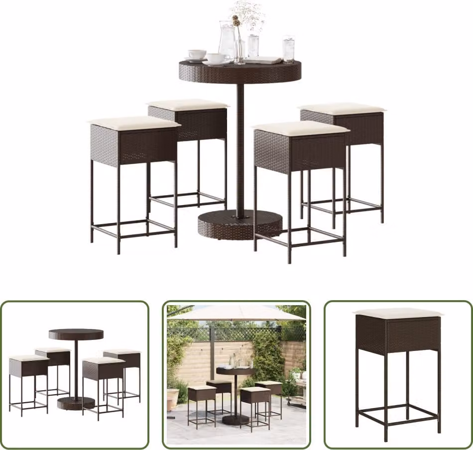 The Living Store Set bar da giardino 5 pezzi con cuscini in poly rattan marrone