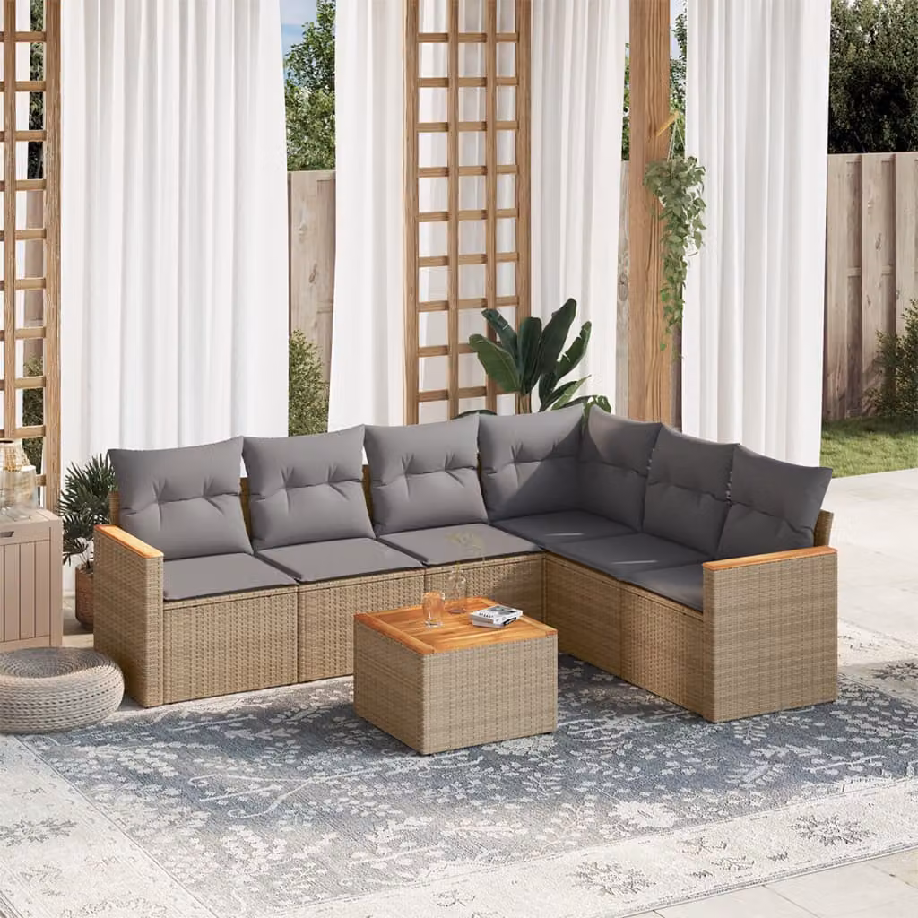 vidaXL Set Divano da Giardino a L 7 pz con Cuscini Beige e Grigio in Polyrattan e Acciaio – 1