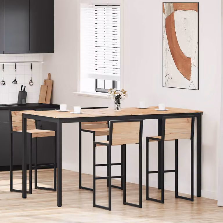 vidaXL Tavolo da bar rettangolare in pino massello naturale e metallo, L: 200 cm, P: 100 cm, H: 105 cm