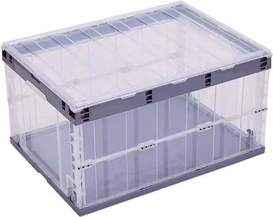 Set di 2 scatole di archiviazione impilabili in plastica trasparente con dettagli blu, contenitori pieghevoli con coperchio e maniglia, capacità 55 litri ciascuna